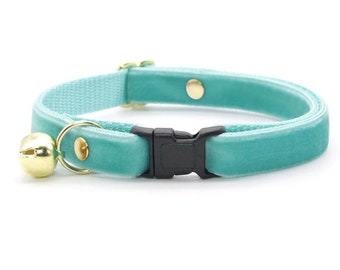 Turquoise Cat Collar - "Velvet - Seafoam" - Light Teal Velvet Cat Collar / Breakaway or Non-Breakaway / Wedding, Soft / Cat + Kitten Sizes
