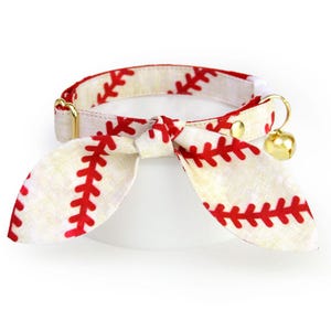 Baseball Cat Collar + Bunny Ear Bow Set - "Baseball" - Red Sports Cat Collar + Bunny Bow Tie On Scarf, Summer,American, Breakaway Cat Collar