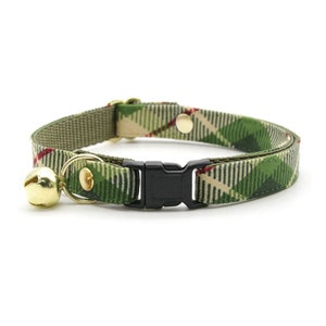 Cat Collar - "Linden" - Buttercream + Leaf Green Plaid Cat Collar / Breakaway + Non-Breakaway / Fall, Winter, Christmas / Cat + Kitten Sizes