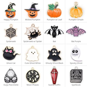 May include: A collection of sixteen metal charms featuring Halloween themes including pumpkins, spiderwebs, a spider, bats, a ghost cat, ghosts, an ouija planchette, moon phases, a scarlet coffin, and a spellbook with the text Spells printed on it.