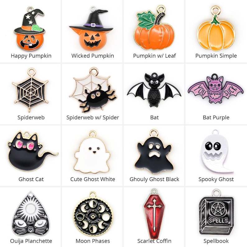 May include: A collection of sixteen metal charms featuring Halloween themes including pumpkins, spiderwebs, a spider, bats, a ghost cat, ghosts, an ouija planchette, moon phases, a scarlet coffin, and a spellbook with the text Spells printed on it.