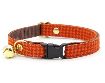 Houndstooth Cat Collar - "Pumpkin Spice" - Burnt Orange Fall Cat Collar / Breakaway or Non-Breakaway / Thanksgiving / Cat, Kitten, Small Dog