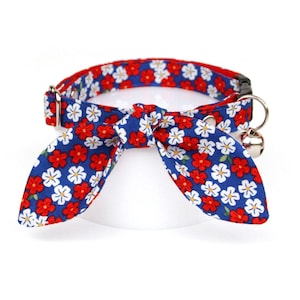 4th of July Cat Collar and Bunny Ear Bow Set - &quot;Red White & Bloom&quot; - Blue Red Floral Cat Collar w/ Bunny Bow Tie, Patriotic Girl Cat Collar