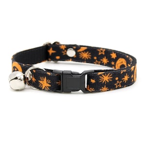 Cat Collar - &quot;Moonlight - Black&quot; - Halloween Moon & Stars Cat Collar / Breakaway or Non-Breakaway / Magic, Night / Cat, Kitten, Small Dog
