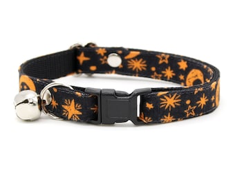 Cat Collar - "Moonlight - Black" - Halloween Moon & Stars Cat Collar / Breakaway or Non-Breakaway / Magic, Night / Cat, Kitten, Small Dog