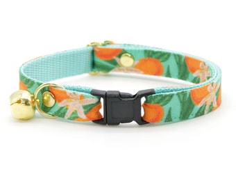 Cat Collar - "Clementine Blossom" - Green & Orange Citrus Cat Collar / Breakaway or Non-Breakaway / Spring,Summer,Tropical / Cat + Small Dog