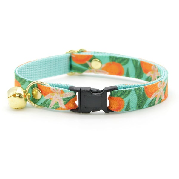 Cat Collar - "Clementine Blossom" - Green & Orange Citrus Cat Collar / Breakaway or Non-Breakaway / Spring,Summer,Tropical / Cat + Small Dog