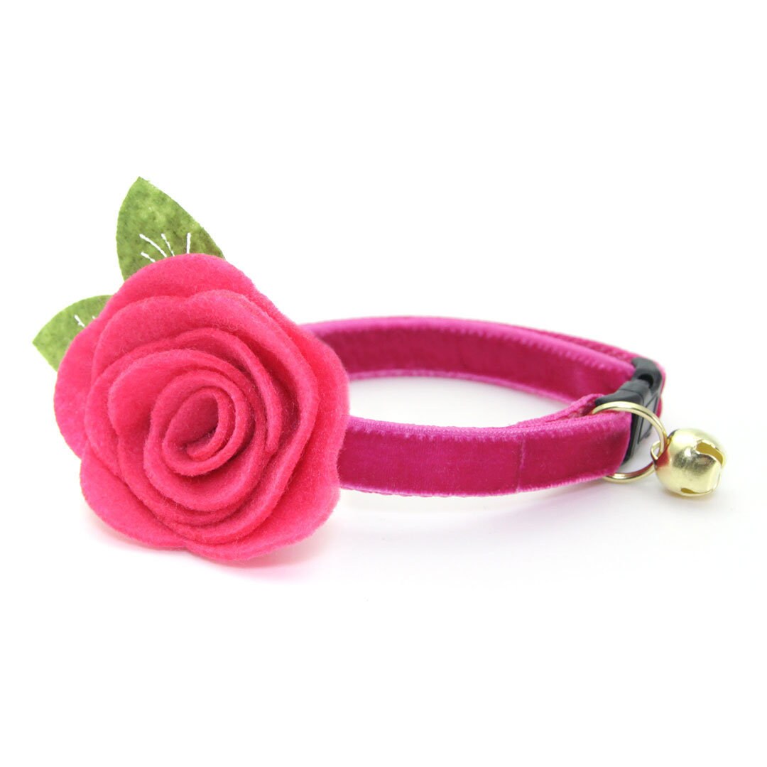 Cat Collar + Flower Set - "Velvet Azalea" Magenta Pink Velvet with Fuchsia Felt/Girl Wedding Gift