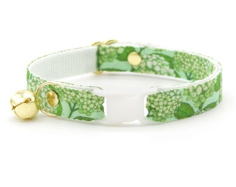 Cat Collar - "Hydrangea Hill" - Botanical Green Cat Collar / Breakaway or Non-Breakaway / Spring Floral, Garden Lover / Cat + Small Dog