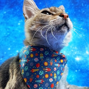 Space Cat Bandana - &quot;Retro Rockets&quot; - Spaceship Bandana for Cat + Small Dog / Astronomy, Sci-Fi, Planets, NASA, Science, Galaxy Bandana