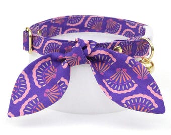 Seashell Cat Collar + Bunny Ear Bow Set - "Sea Siren" - Purple Cat Collar + Bunny Bow Tie On Scarf, Summer, Art Deco, Breakaway Cat Collar