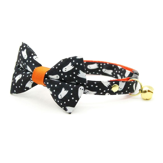 Bow Tie Cat Collar Set - "Chasing Ghosts" - Halloween Black Ghost Cat Collar w/ Matching Bowtie / Spooky Fun / Cat, Kitten, Small Dog Sizes
