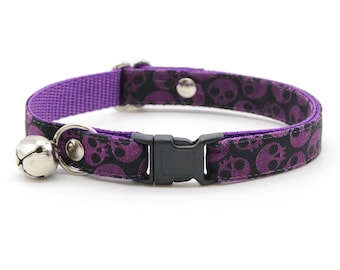 Skull Cat Collar - "Lydia" - Purple Cat Collar / Breakaway or Non-Breakaway / Edgy, Witchy, Goth, Emo, Punk / Cat, Kitten + Small Dog Sizes
