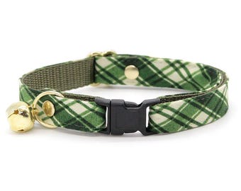 Plaid Cat Collar - "Pinecrest" - Forest Green Cat Collar / Breakaway or Non-Breakaway / Woodland, Fall, Winter / Cat, Kitten, Small Dog