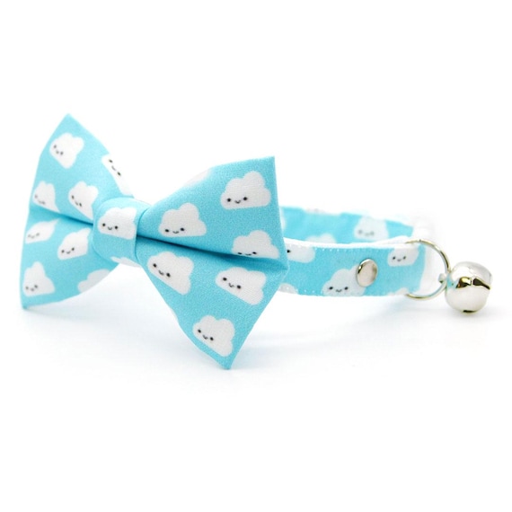 Cloud Bow Tie Cat Collar Set - "Happy Clouds" - Cute Sky Blue Kawaii Cat Collar + Matching Bowtie / Fun, Birthday / Cat, Kitten, Small Dog