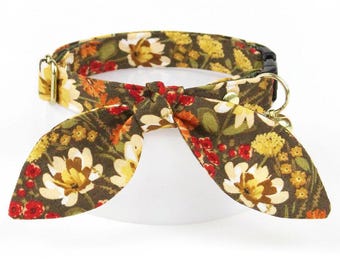 Wildflower Cat Collar + Bunny Ear Bow Set - "Autumn Fields" - Fall Floral Cat Collar + Bunny Bow Tie On Scarf, Rustic Breakaway Cat Collar