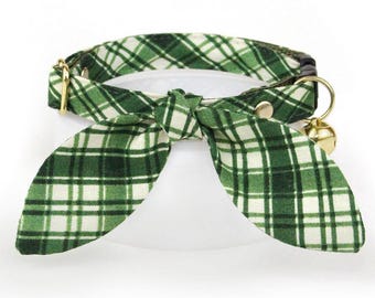 Plaid Green Cat Collar + Bunny Ear Bow Set - "Pinecrest" - Forest Cat Collar + Bunny Bow Tie / Fall, Winter, Christmas Breakaway Collar