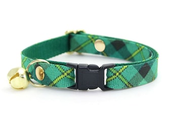 Plaid Cat Collar - "Dublin" - Green Tartan Cat Collar / Breakaway or Non-Breakaway / St. Patrick's Day, Irish / Cat + Small Dog Sizes