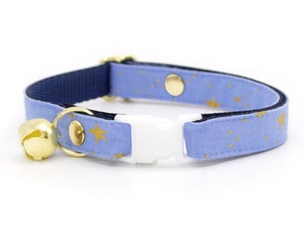 Rifle Paper Co® Cat Collar - "Dusk" - Gold Stars on Periwinkle Cat Collar / Breakaway or Non-Breakaway / Cat, Kitten, Small Dog Sizes