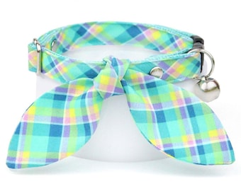 Plaid Cat Collar + Bunny Ear Bow Set - "Breeze" - Aqua Cat Collar + Bunny Bow Tie On Scarf, Summer Breakaway Cat Collar