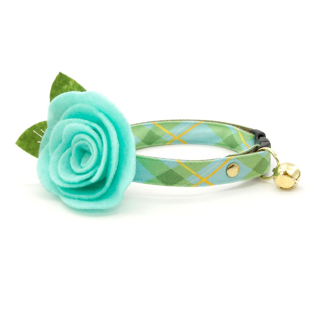 Cat Collar Flower Set carmel Mint Green Plaid Cat Collar Mint Felt Flower / Spring, Easter