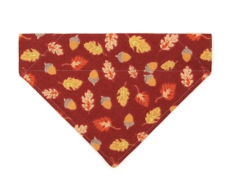 Burgundy Cat Bandana - "Acorn Hill" - Fall Leaves & Acorns Bandana for Cat + Small Dog / Thanksgiving, Mahogany / Slide-on Bandana