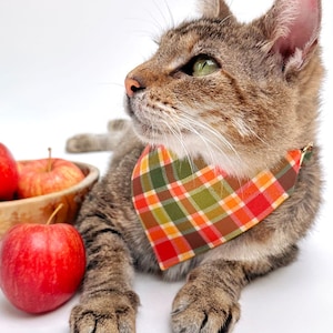 Cat Bandana - &quot;Apple Crisp&quot; - Red Yellow & Green Plaid Bandana for Cat + Small Dog / Fall Thanksgiving / Slide-on Bandana / Over-the-Collar