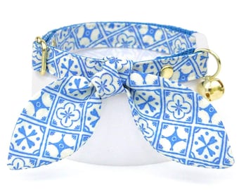 Blue Cat Collar + Bunny Ear Bow Set - "Azulejos" - Mediterranean Cat Collar + Bunny Bow Tie On Scarf, Summer, Spanish, Breakaway Cat Collar
