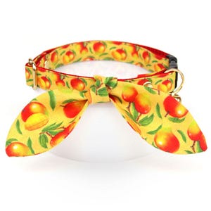 May include: A yellow cat collar with a red interior and a bow tie. The collar and bow tie feature a pattern of red and yellow fruit with green leaves. A small gold bell hangs from the collar.