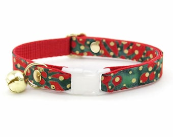 Christmas Cat Collar - "Joy" - Metallic Gold Dots on Red & Green Cat Collar / Holiday / Breakaway or Non-Breakaway / Cat, Kitten, Small Dog