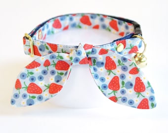 Cat Collar and Bunny Ear Bow Set - "Berry Bramble" - Blueberry Cat Collar with Bunny Bow Tie, Strawberry Breakaway Cat Collar, Summer Fruit