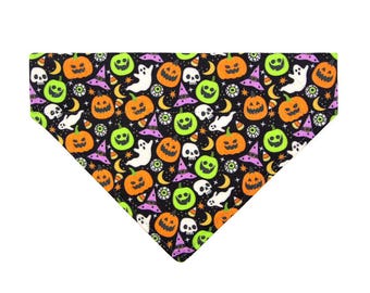 Halloween Katzen Bandana - "Creepy Cuties" - Kürbis Bandana für Katze + kleiner Hund / Geist, Kürbis / Bandana zum Überziehen