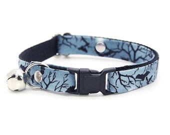 Bat Cat Collar - &quot;Witching Hour&quot; - Cloudy Moonlit Night Sky on Blue Gray Cat Collar / Breakaway + Non-Breakaway / Cat, Kitten, Small Dog