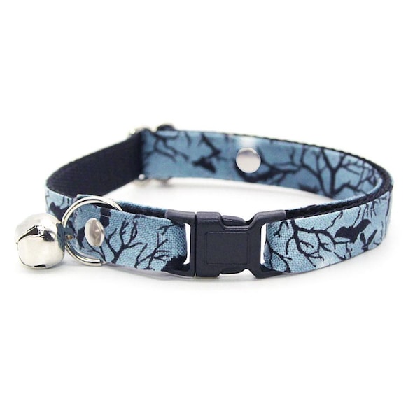 Bat Cat Collar - "Witching Hour" - Cloudy Moonlit Night Sky on Blue Gray Cat Collar / Breakaway + Non-Breakaway / Cat, Kitten, Small Dog