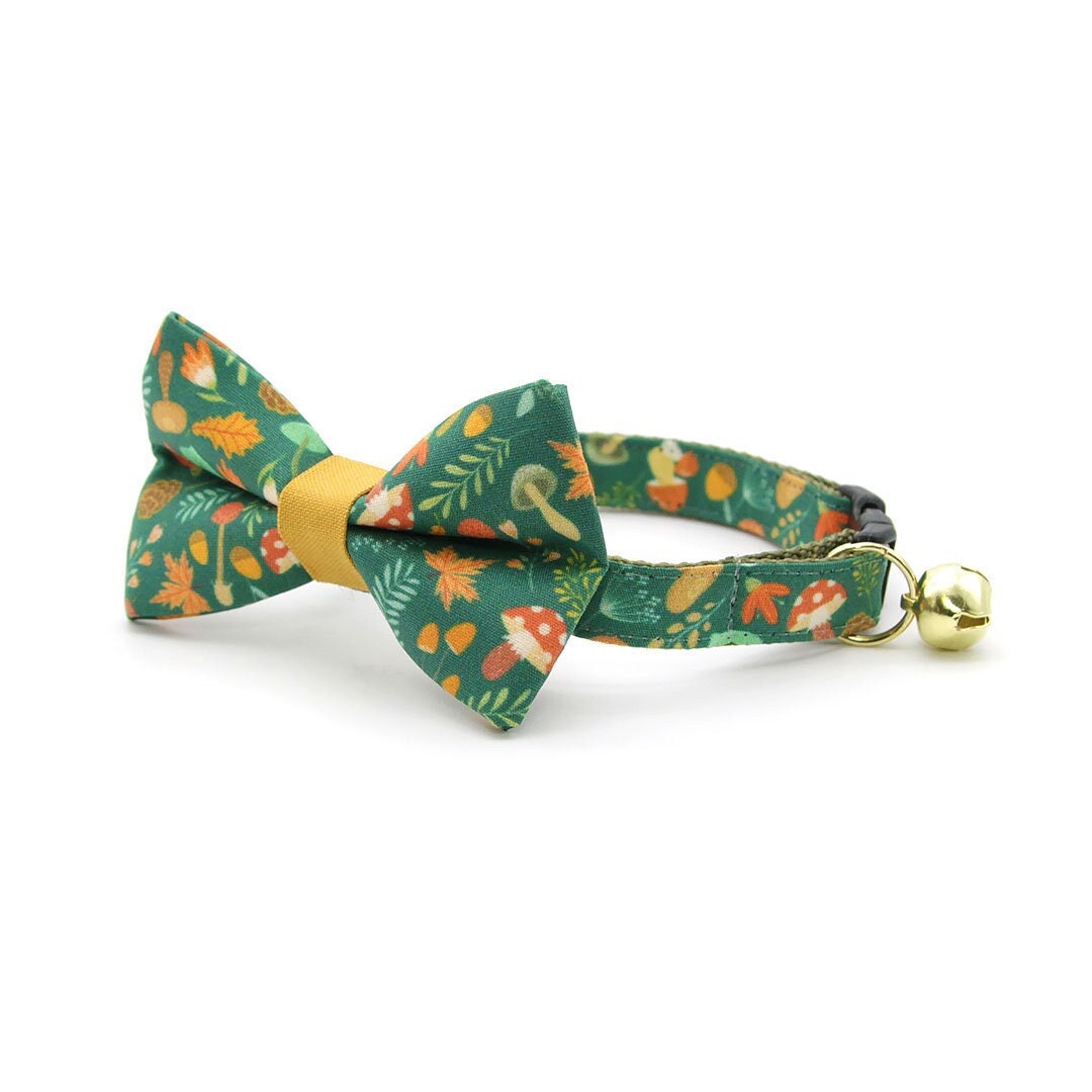 Bow Tie Cat Collar Set - "Forest Fantasy" - Green Cat Collar w/ Matching Bowtie / Gift for Cat Mom / Nature,Mushrooms / Cat,Kitten,Small Dog