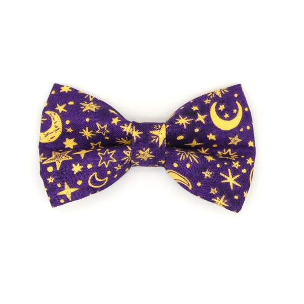 Cat Bow Tie - "Moonlight - Purple" - Moon & Stars Bowtie for Cat Collar / Celestial, Zodiac, Magic, Astronomy, Lunar / Cat + Small Dog Bow