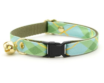 Cat Collar - "Carmel" - Mint Sage Green Plaid Cat Collar / Spring, Easter, Summer / Breakaway or Non-Breakaway / Cat, Kitten, Small Dog Size