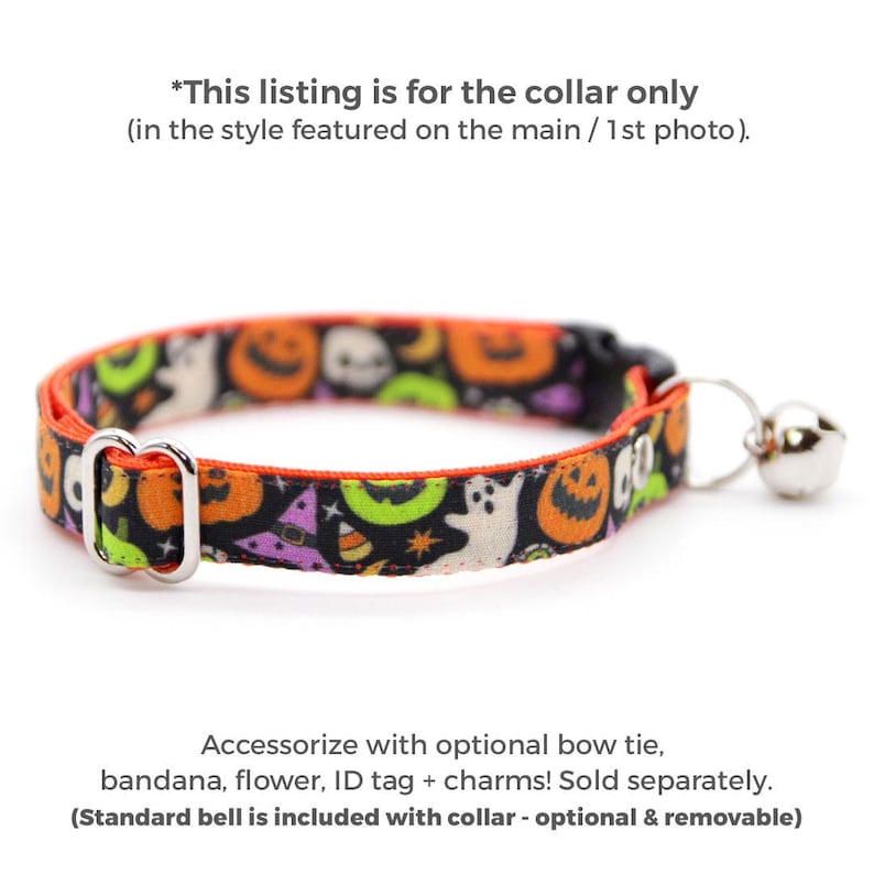 Puede incluir: Un collar para mascotas con tem&aacute;tica de Halloween con fondo negro y ribete naranja. El collar presenta un patr&oacute;n de calabazas, fantasmas, sombreros de bruja y caramelos. Tiene una hebilla de metal plateado y una peque&ntilde;a campana.