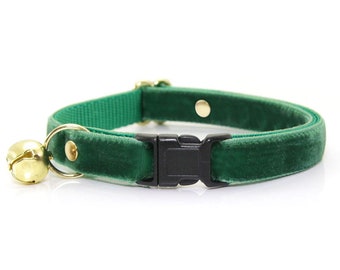 Cat Collar - "Velvet - Hunter Green" - Dark Green Velvet Cat Collar Breakaway / Christmas, Holiday, Wedding / Cat, Kitten & Small Dog Sizes