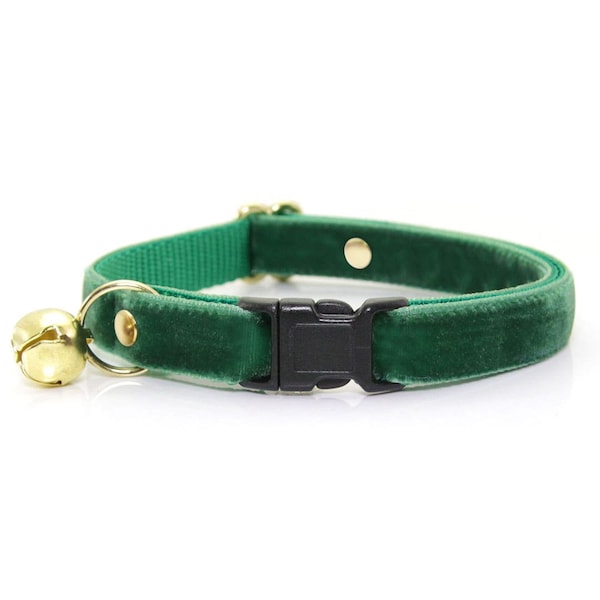 Cat Collar - "Velvet - Hunter Green" - Dark Green Velvet Cat Collar Breakaway / Christmas, Holiday, Wedding / Cat, Kitten & Small Dog Sizes