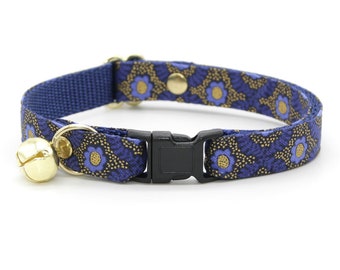 Cat Collar - "Santorini" - Rifle Paper Co® Metallic Gold & Blue Cat Collar / Breakaway or Non-Breakaway / Cat, Kitten + Small Dog Sizes