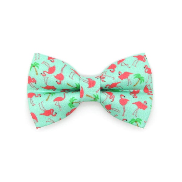 Cat Bow Tie - "Flamingo Palms - Aqua" - Mint Green Tropical Bow Tie for Cat Collar / Summer, Beach, Cat Gift / Cat, Kitten, Small Dog Bowtie