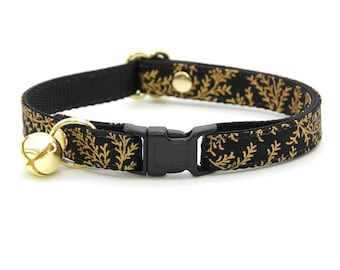 Cat Collar - "Black Forest" - Gold & Black Cat Collar / Breakaway or Non-Breakaway / Winter, Wedding, New Year's, Holiday / Cat + Small Dog