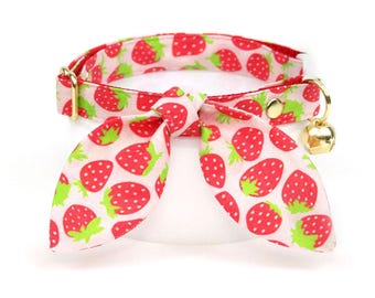 Strawberry Cat Collar + Bunny Ear Bow Set - "Strawberry Patch" - Red Fruit Cat Collar + Bunny Bow Tie On Scarf, Girl Cat, Summer Cat Collar
