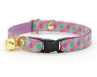 Mermaid Cat Collar - "Mermaid Song" - Pink, Teal, Purple Fish Scales Cat Collar / Lavender Breakaway Cat Collar with Bell, Kitten, Small Dog