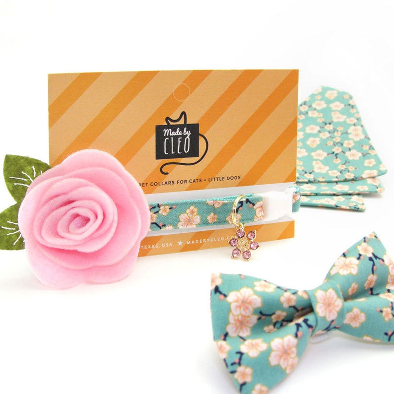 Small Dog Mother/'s Day Slide-on Bandana Over-the-Collar Cat Bandana Cherry Blossoms Teal Mint Spring Floral Bandana for Cat