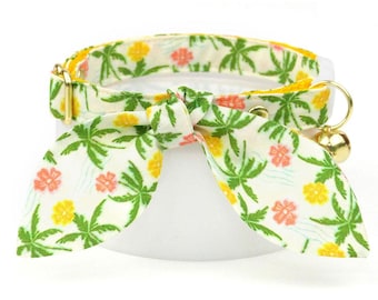 Tropical Cat Collar + Bunny Ear Bow Set - "Palm Paradise" - Summer Cat Collar + Bunny Bow Tie On Scarf, Hawaiian, Beach Breakaway Cat Collar