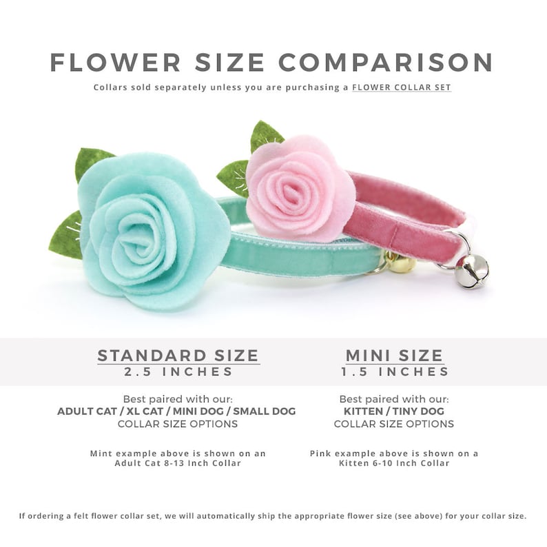 May include: A comparison of two felt flower sizes for cat collars. The larger flower is 2.5 inches and is best for adult cats, while the smaller flower is 1.5 inches and is best for kittens. The text "FLOWER SIZE COMPARISON" is at the top of the image.