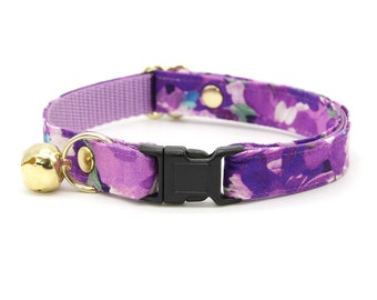 Cat Collar - "Persephone" - Purple Floral Cat Collar / Breakaway or Non-Breakaway / Violet, Pansies, Wedding / Cat, Kitten, Small Dog Sizes