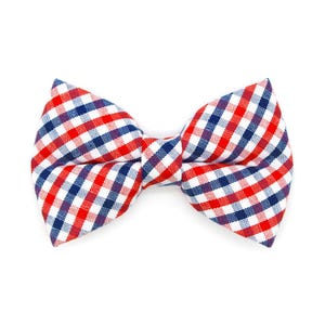 Patriotic Cat Bow Tie - &quot;Heritage&quot; - Gingham Red & Blue Plaid 4th of July Bow Tie for Cat Collar / Independence Day Cat + Small Dog Bowtie